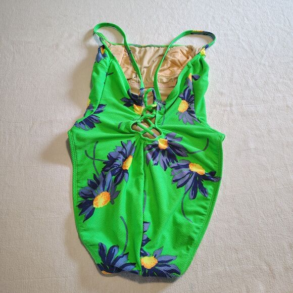 Vtg 90s LeBlanca 14 Green Neon Daisy One Piece Swimsuit High Cut Vintage Retro - Picture 3 of 9
